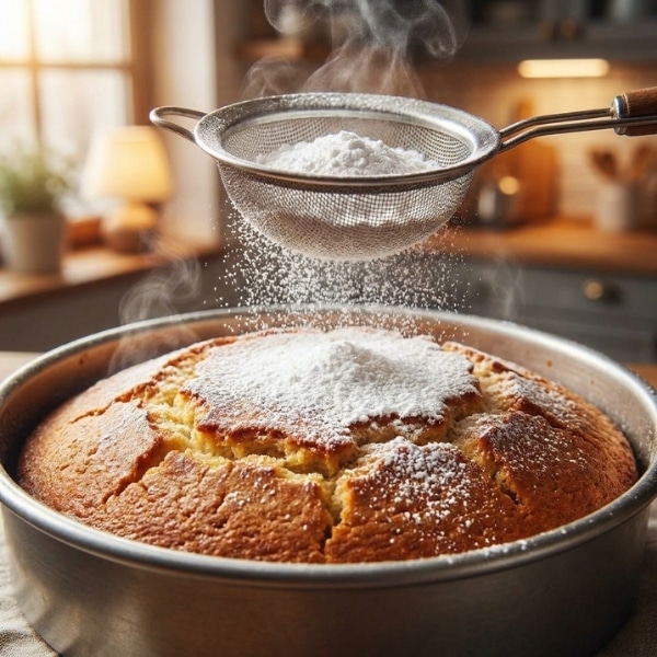Posypywanie upieczonego ciasta bezglutenowego cukrem pudrem za pomocą metalowego sitka