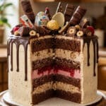 tort Bueno udekorowany batonikami, kremem czekoladowym i dripem czekoladowym na eleganckim torcie warstwowym